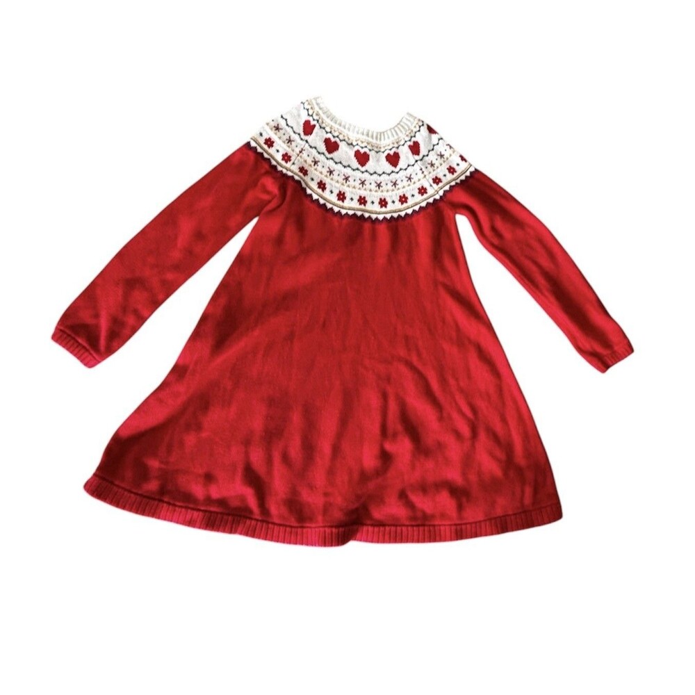 Hanna Andersson Girls Heart Red Cotton Fair Isle Sweater Dress Girls Size 10